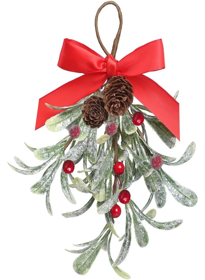 Teircno Christmas Artificial Mistletoe Ornament with Red Bow Snowy Red Berries Christmas Hanging Mistletoe Decorations Bouquet Floral Natural Pine Cones Holiday Decoration Ornament Bouquet - Image 1